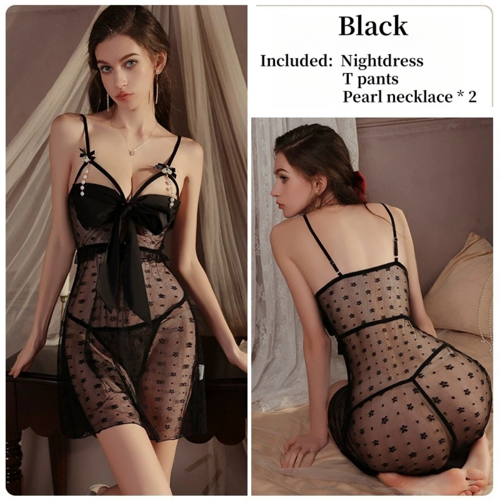 Picture of Luxurious and Sweet Sheer Net Nightgown with Pearl and Bow Decoration