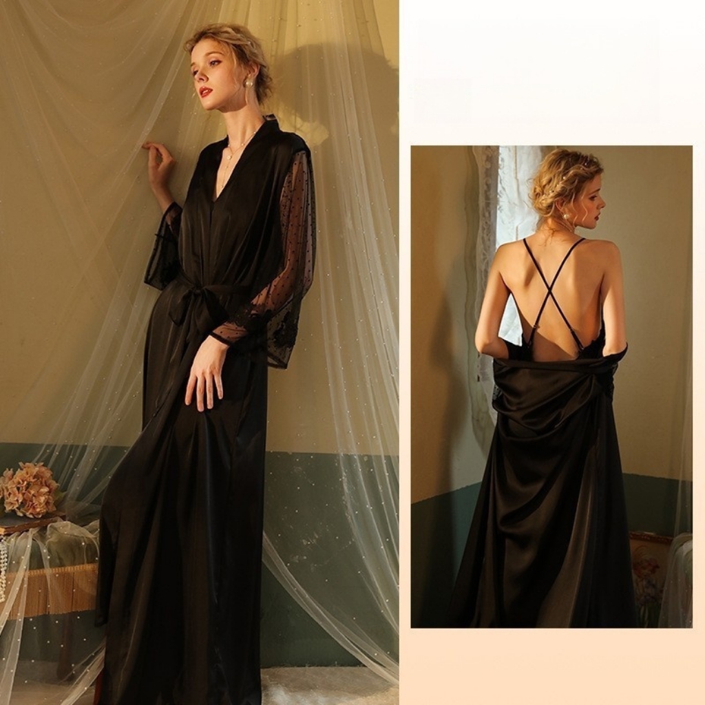 Picture of Lace-Trimmed Silk Robe & Chemise Set