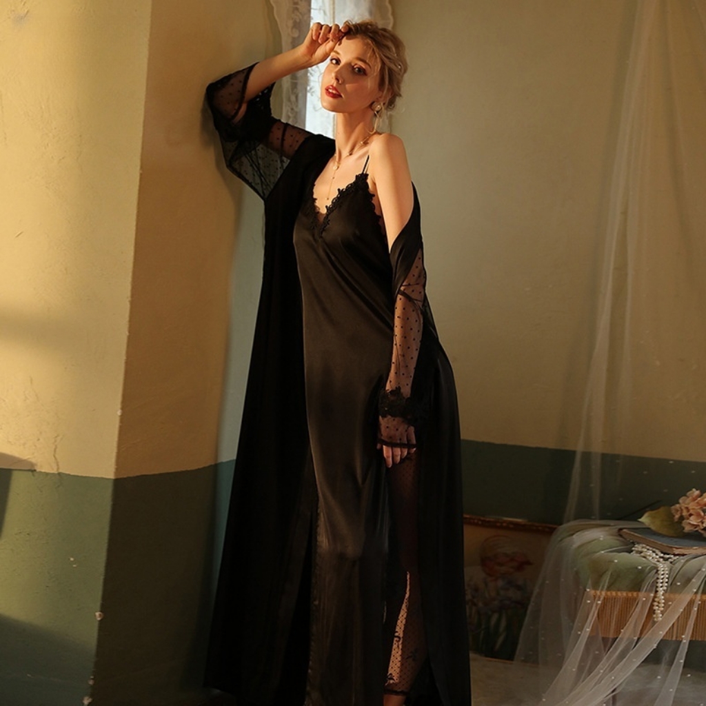 Picture of Lace-Trimmed Silk Robe & Chemise Set